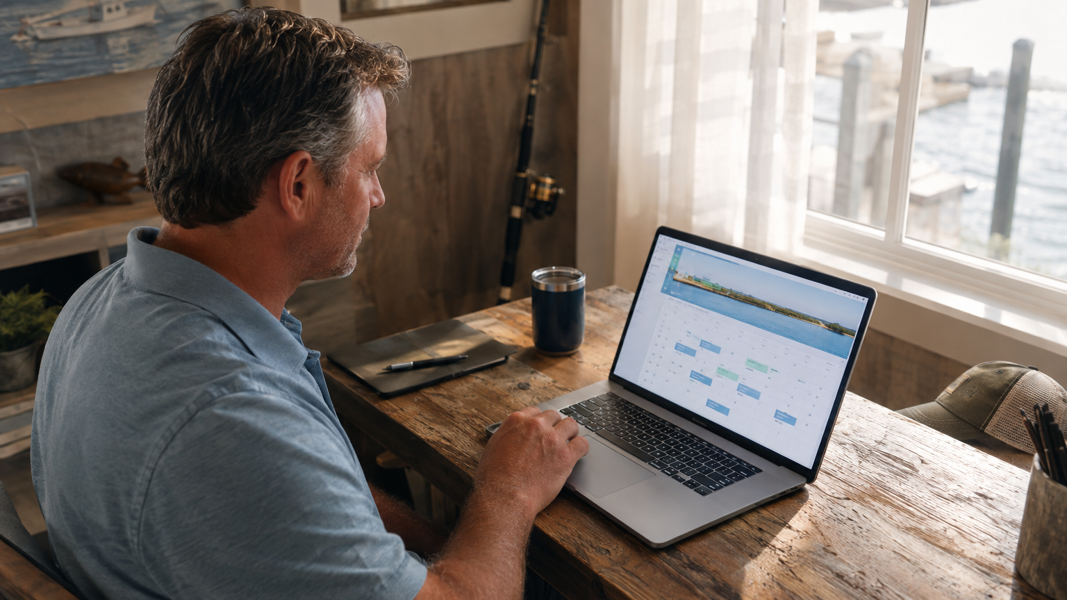 Charter business owner reviewing his booking-enabled website on a laptop in a coastal Gulf Coast office