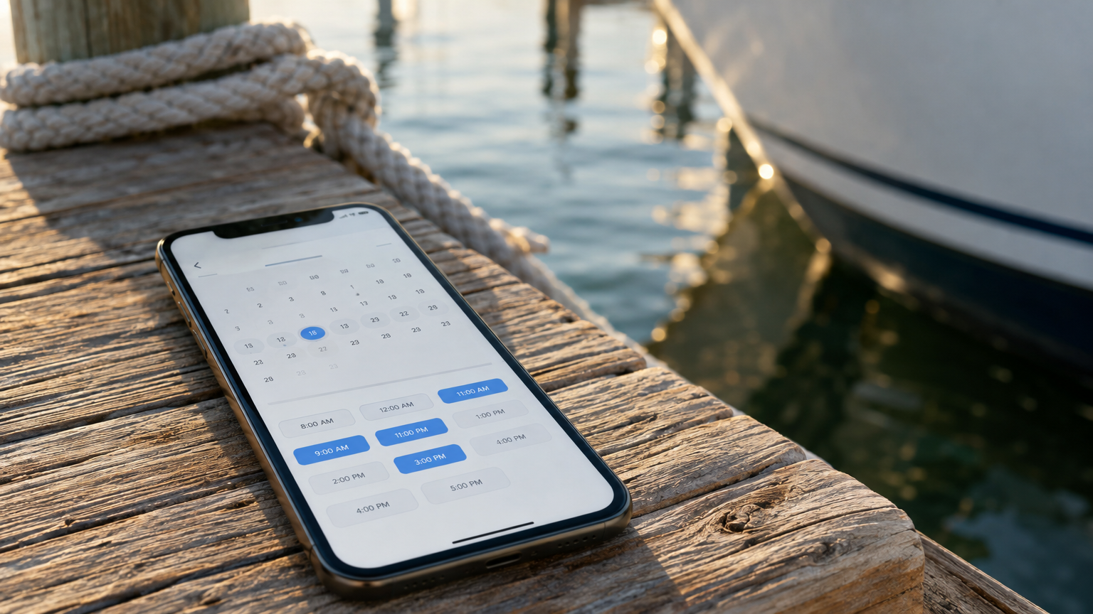 Booking availability calendar on a smartphone resting on a marina dock