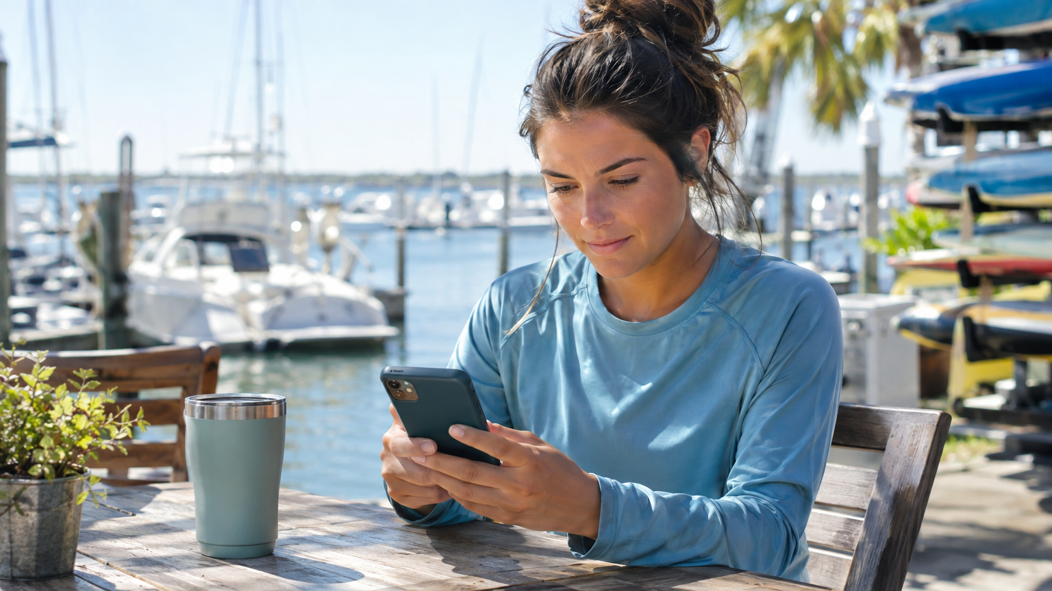 Watersports rental operator reviewing her booking schedule on a smartphone near a marina