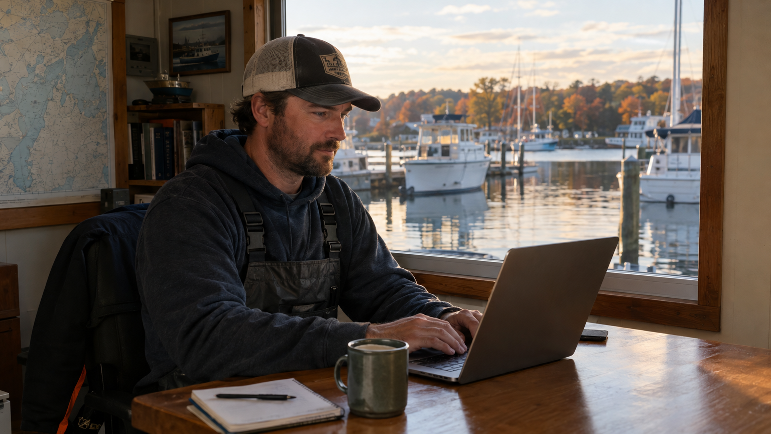 Charter boat operator planning his off-season booking strategy at a marina office with a calm waterway visible through the window