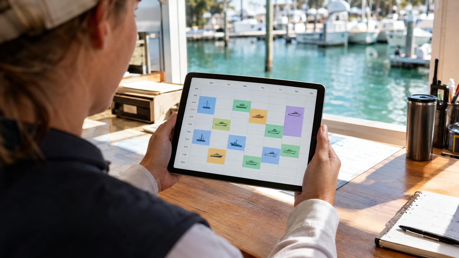 Dock worker reviewing a weekly boat rental booking calendar on a tablet at a marina