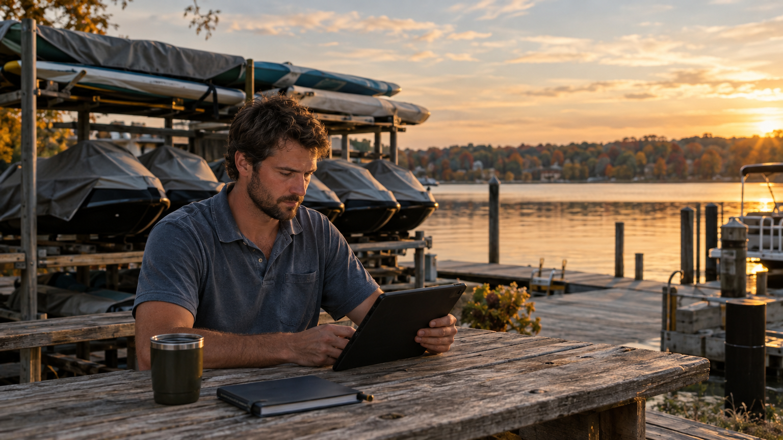 Watersports rental operator reviewing booking schedules on a tablet at a quiet marina dock in autumn
