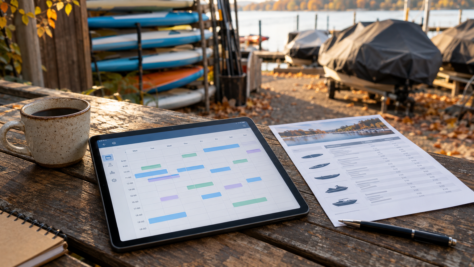 Watersports rental operator workspace with booking calendar on tablet, rate sheet, and coffee at an autumn dock