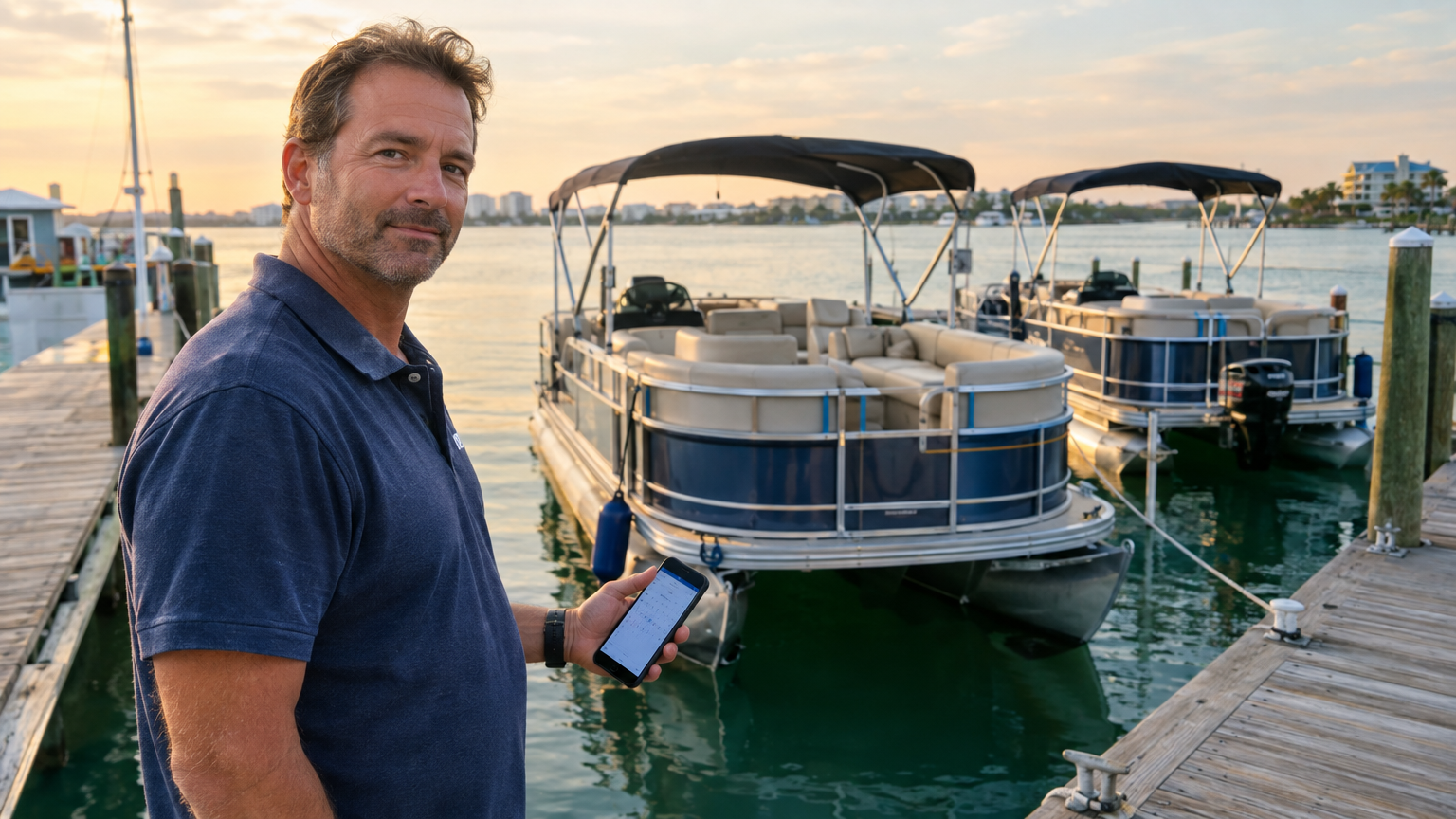 Boat rental operator at a Gulf Coast marina reviewing his booking calendar on a smartphone with pontoon boats in the background