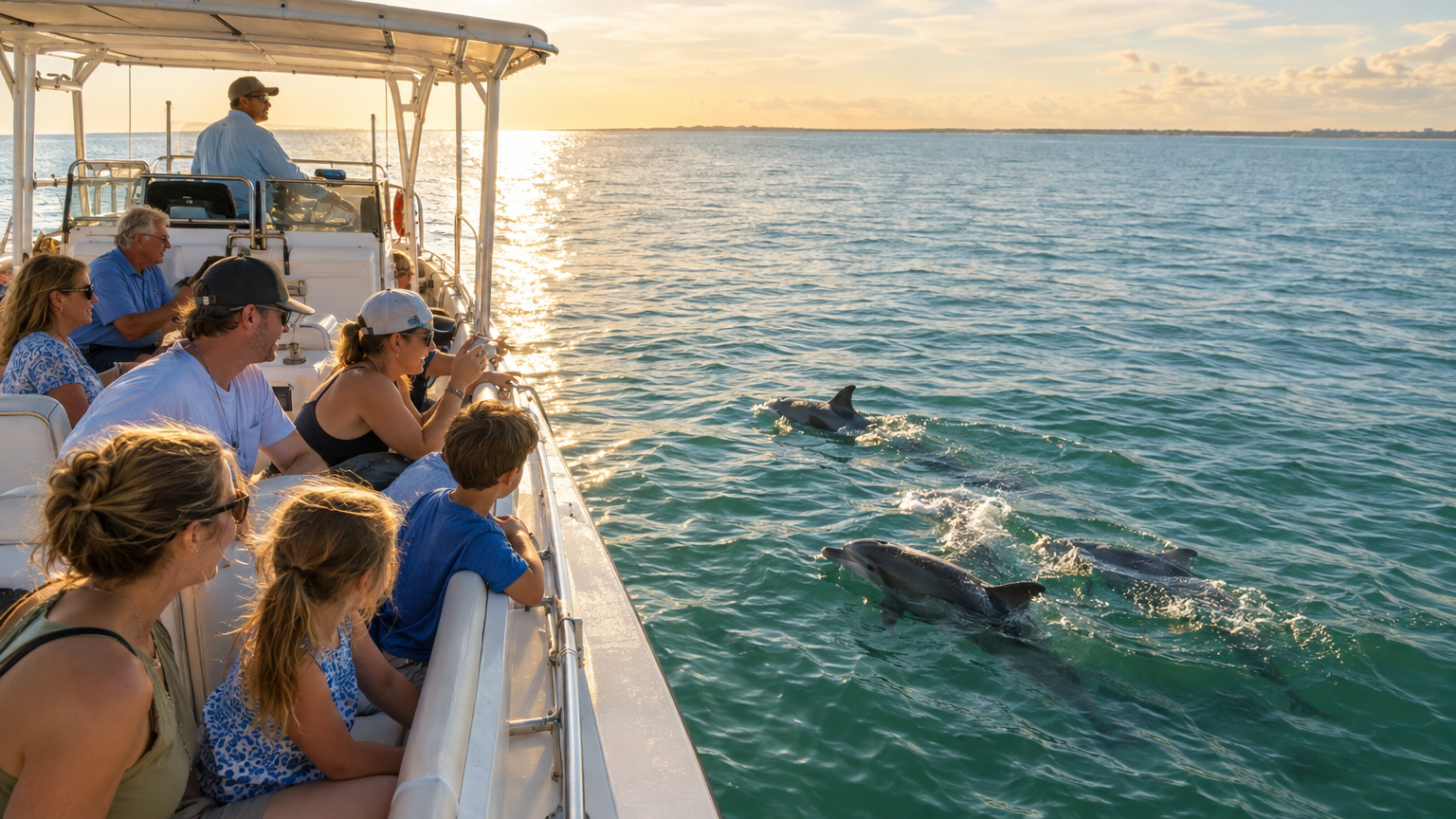 Guests watching dolphins from the rail of a tour boat on the Gulf Coast at golden hour