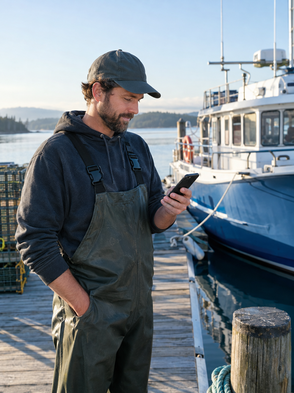 Tour boat operator checking the day's manifest on a smartphone at a marina dock