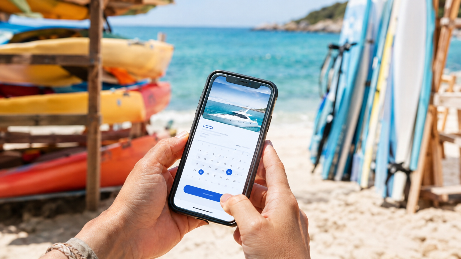 Customer booking a boat rental on a mobile phone at a sunny beach dock with rental kayaks stacked in the background