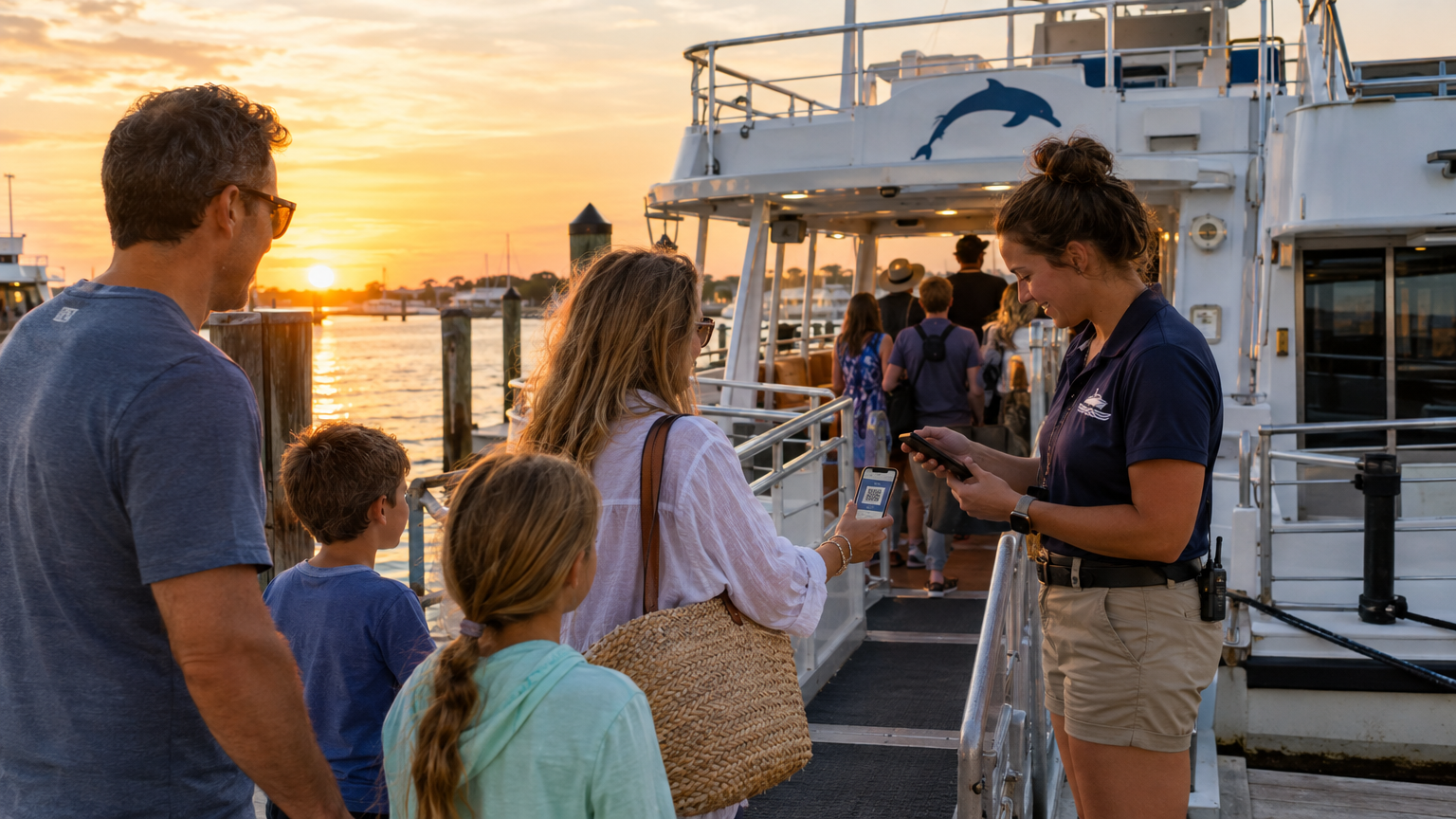 Crew member scanning a guest QR code boarding pass at a tour boat gangway at sunset on the Gulf Coast