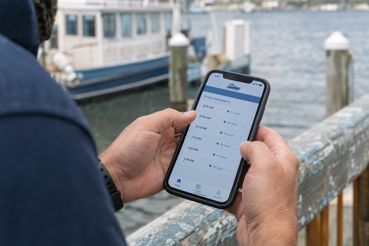 Tour boat operator reviewing departure seat counts and booking dashboard on a smartphone at the marina dock