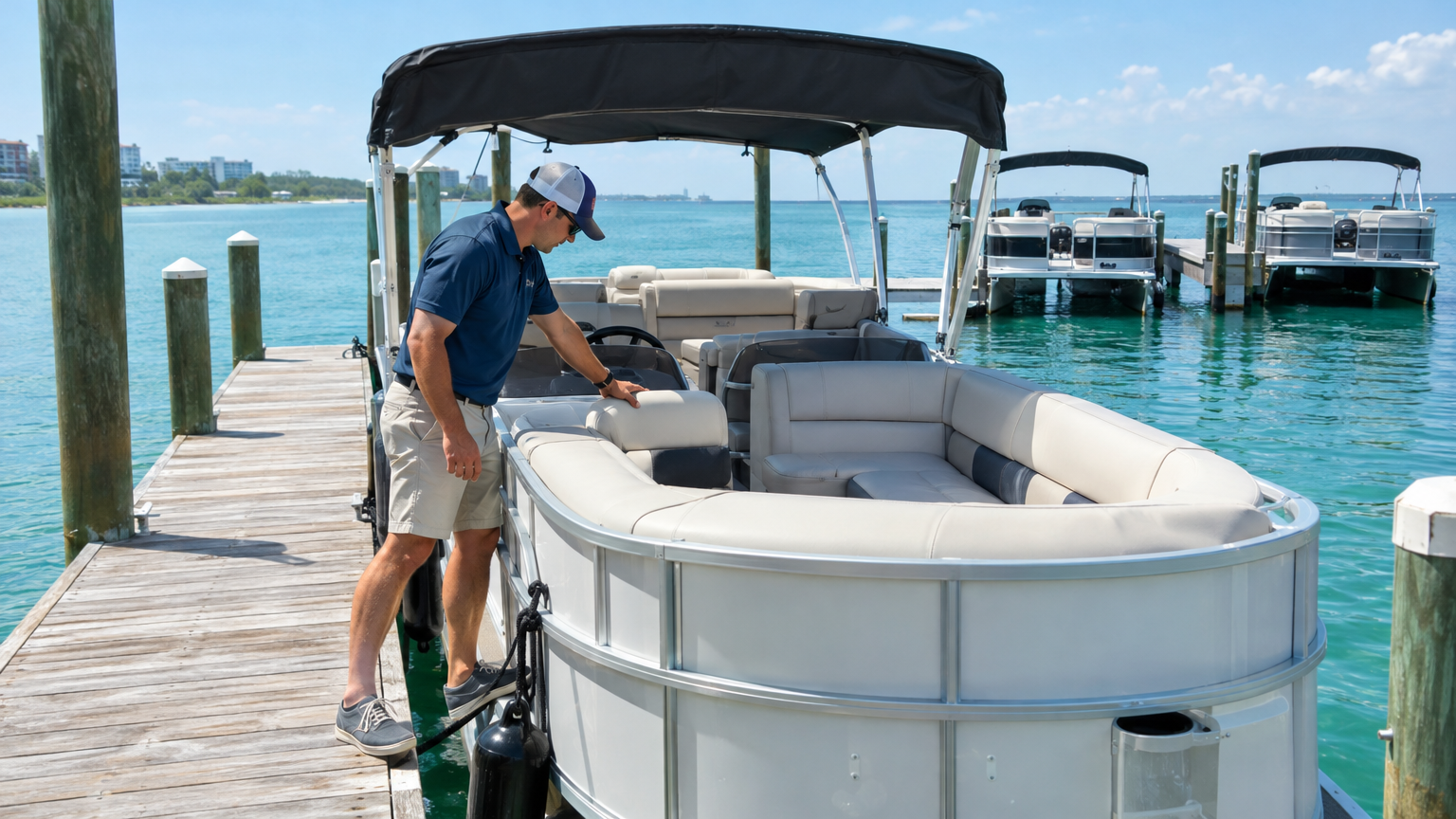 Dock worker inspecting a pontoon boat at a Gulf Coast marina before a rental turnover