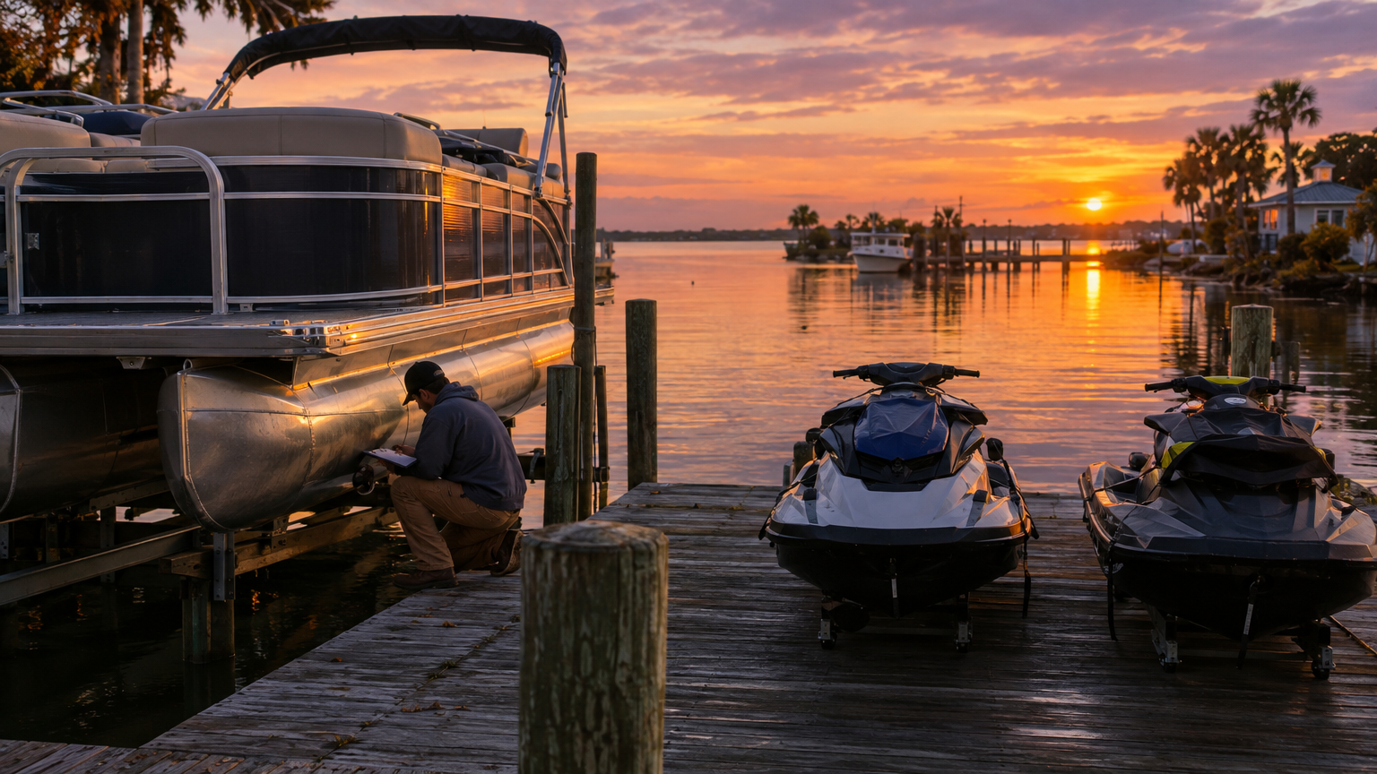 Pontoon boat and jet skis on a coastal marina dock during off-season preparation at golden hour