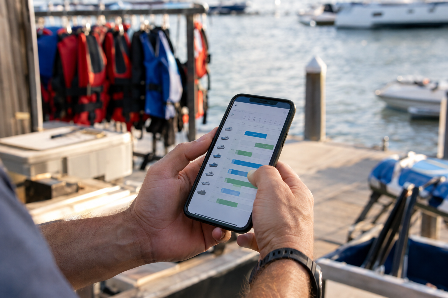 Boat rental operator managing rental schedules on a smartphone at the dock