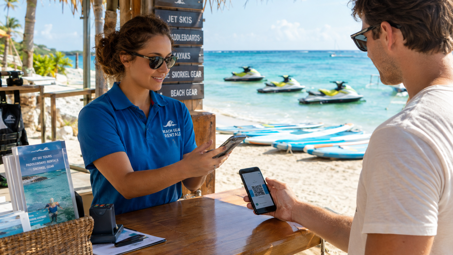 Beach watersports rental staff scanning a customer's QR code at a beach counter with jet skis and paddleboards in the background
