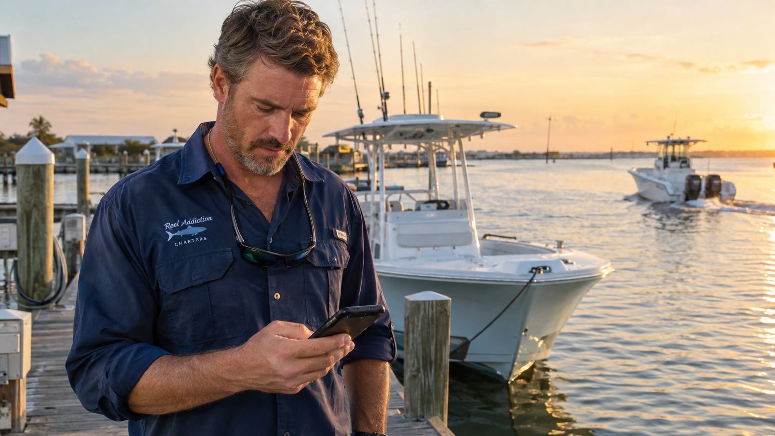 Fishing charter captain on a Gulf Coast marina dock reading a booking notification on his smartphone in early morning light