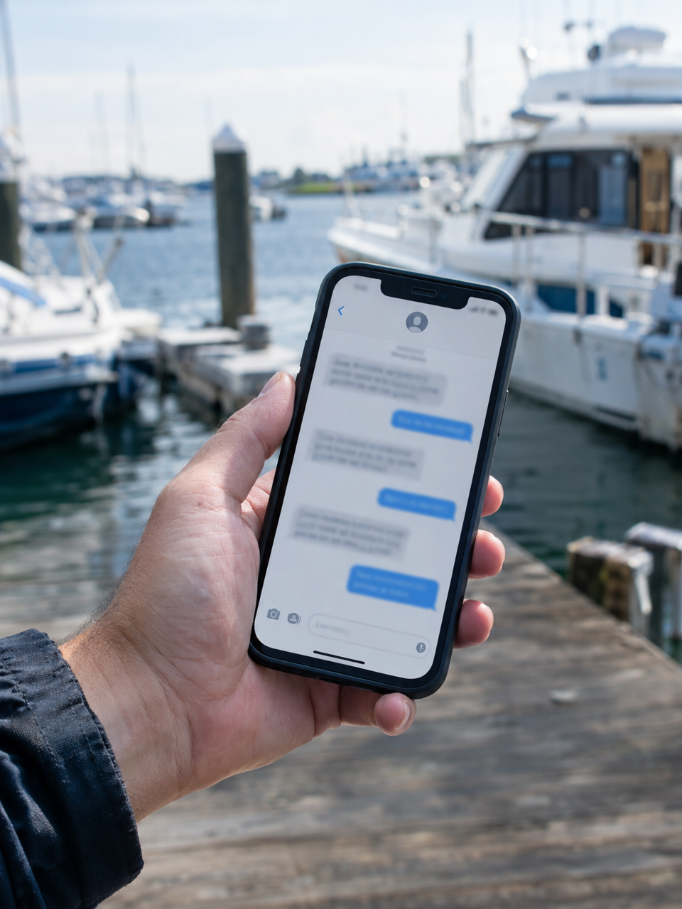 Marine operator sending a booking SMS notification to a guest from a smartphone at a marina dock