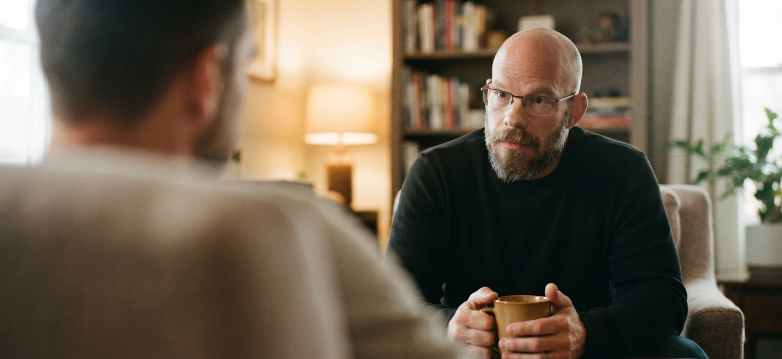 Illustrative scene of Mark Carlson in attentive conversation