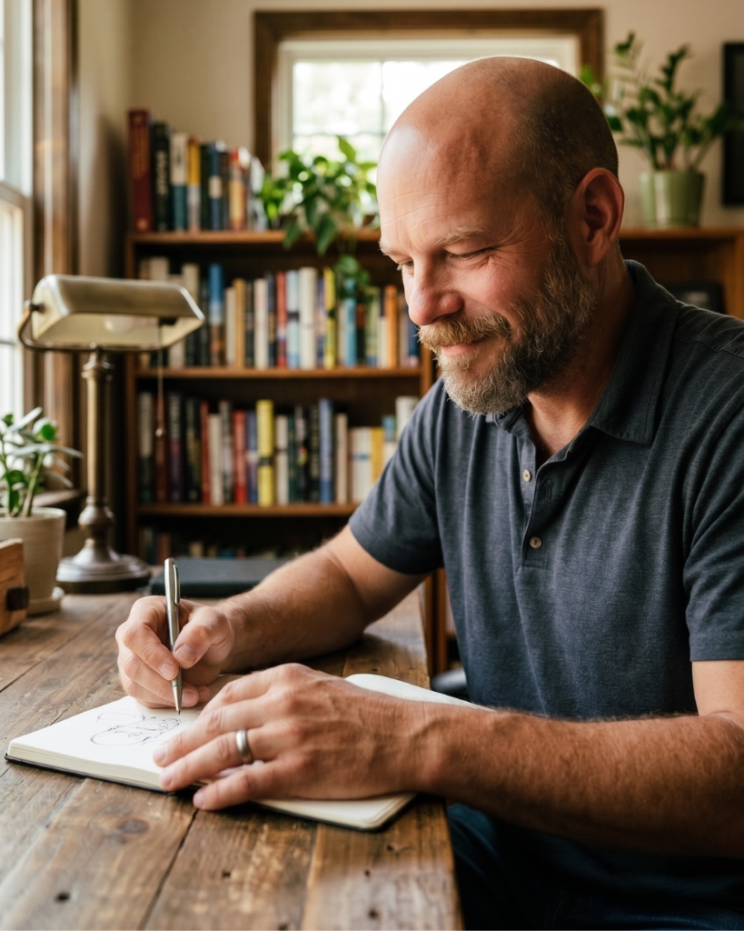 Mark Carlson, practitioner and founder of Unblocked Health, working at a side table