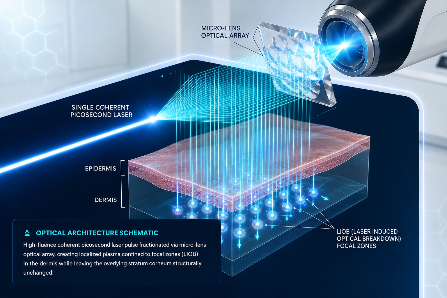 3D scientific render of fractional picosecond laser passing through a micro-lens optical array into dermal tissue layers inducing laser-induced optical breakdown