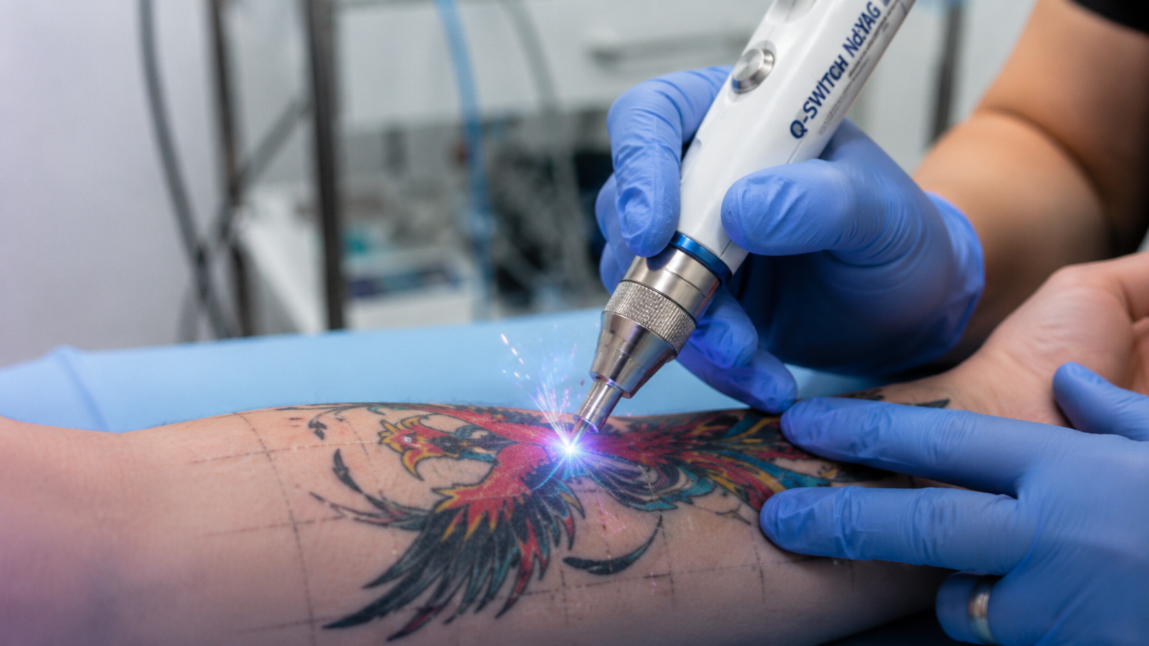 Picosecond laser handpiece delivering photoacoustic energy to dermal tattoo pigment with precise laser shielding