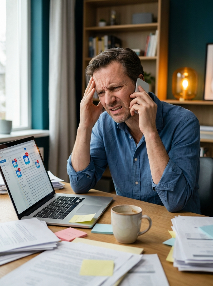 A business owner overwhelmed and stressed, trying to answer leads alone