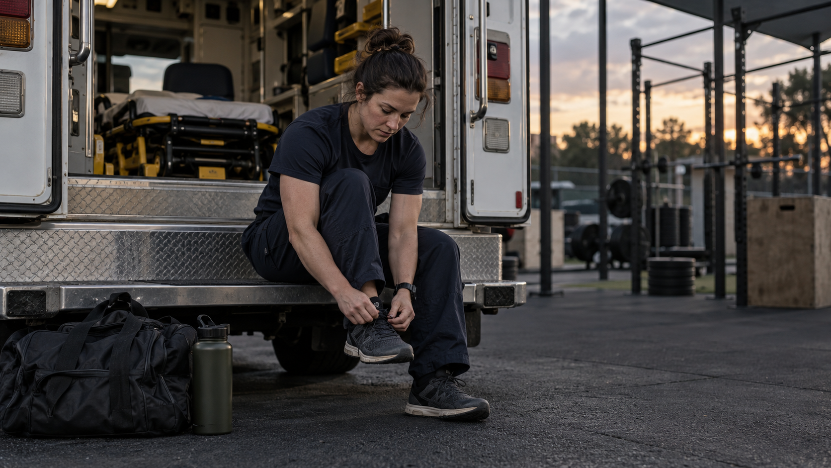 Paramedic lacing up training shoes on the back step of an ambulance