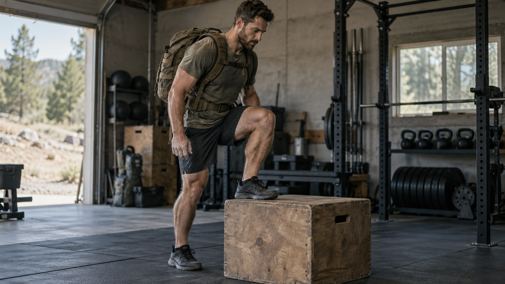 Civilian doing weighted pack step-ups in a garage gym