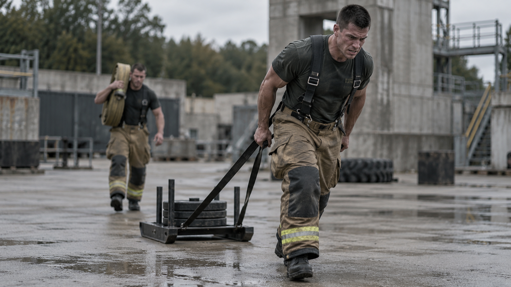 Firefighter dragging a weighted sled across a training yard