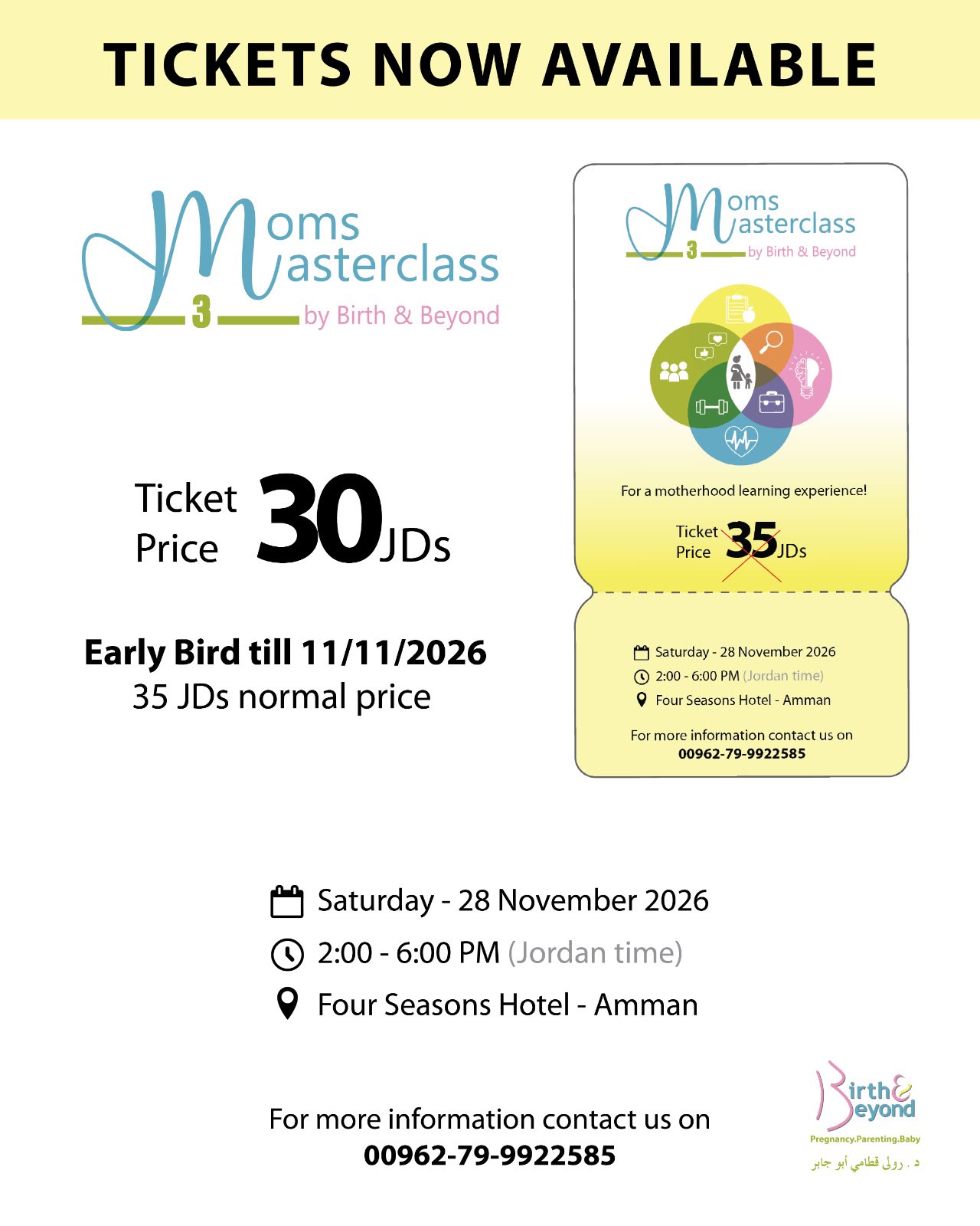 Moms Masterclass 3 ticket: Early Bird 30 JOD, normal price 35 JOD