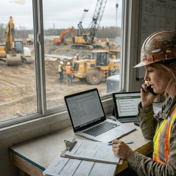 a safety manager is looking through filled out forms and conducting a phone call with the GC