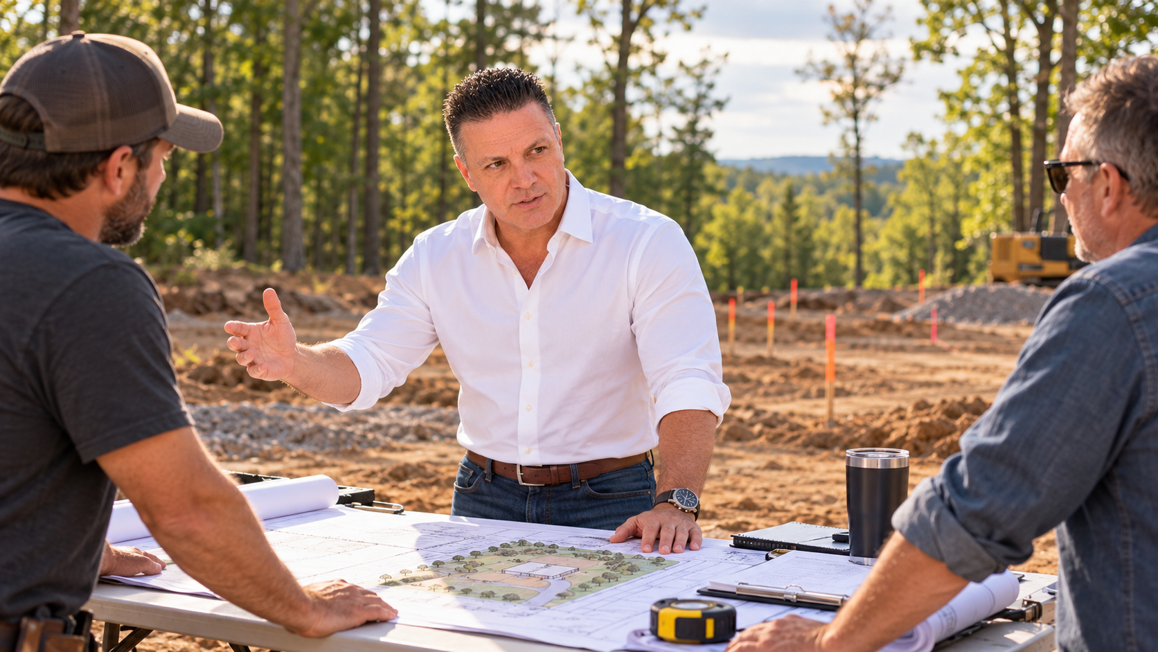 Mike Bazadona planning a project at a cleared wooded site