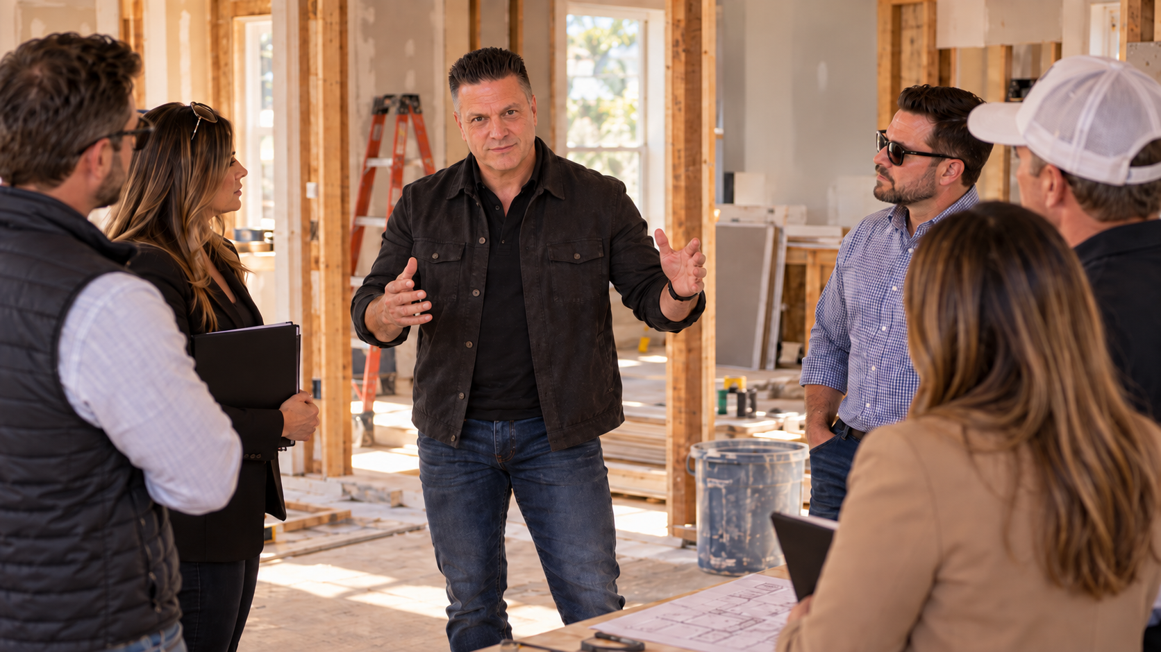 Mike Bazadona speaking with real estate investors at a renovation