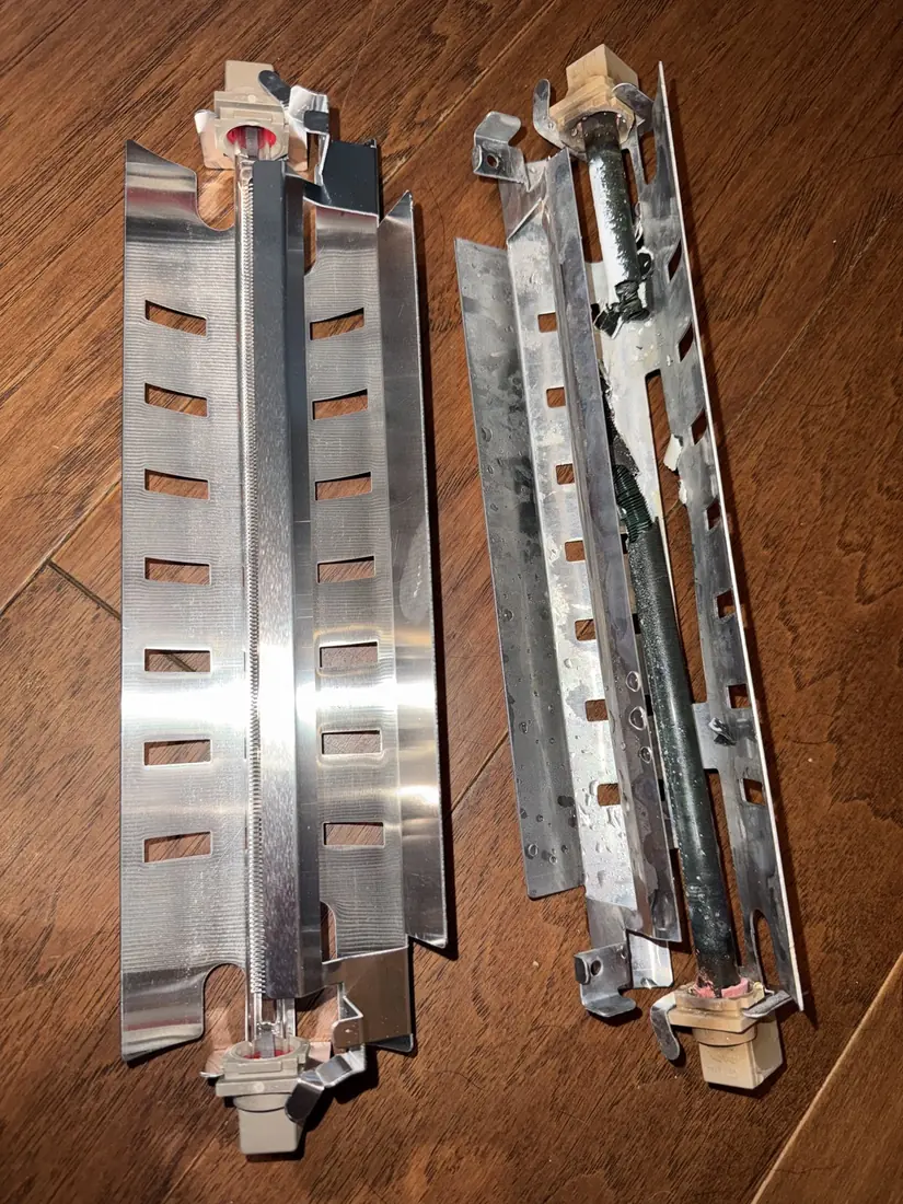 New refrigerator defrost heater next to the corroded old one