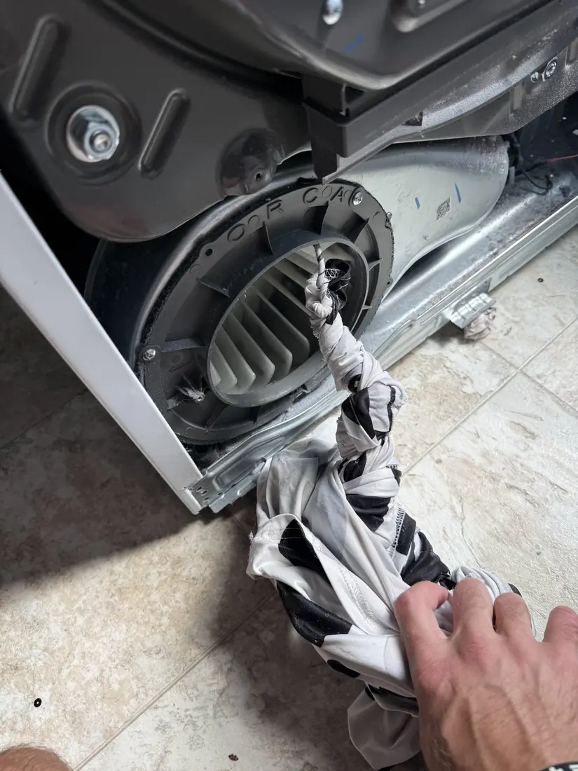 Pulling a polka-dot dress out from behind a dryer drum