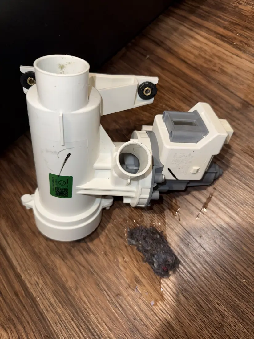 Washer drain pump with a clump of lint and debris pulled from it
