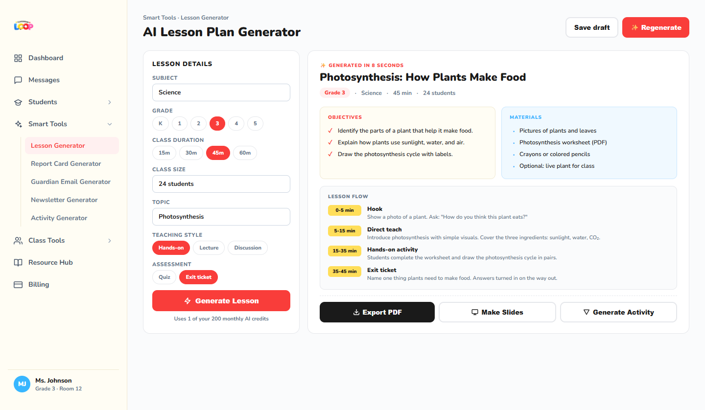 AI lesson plan generator producing a full Photosynthesis lesson in 8 seconds