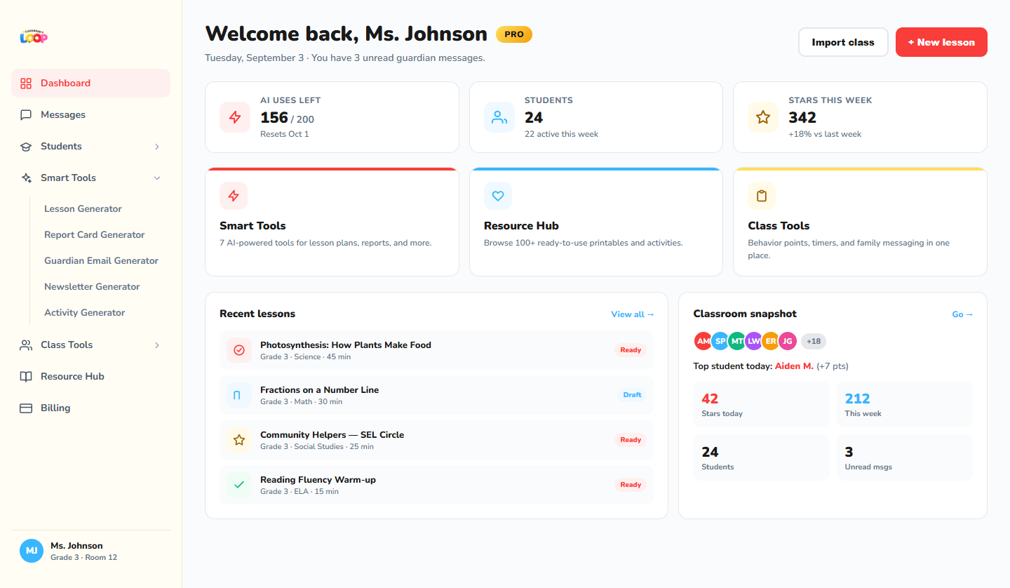 Teacher dashboard with quick stats, recent lessons, and classroom snapshot