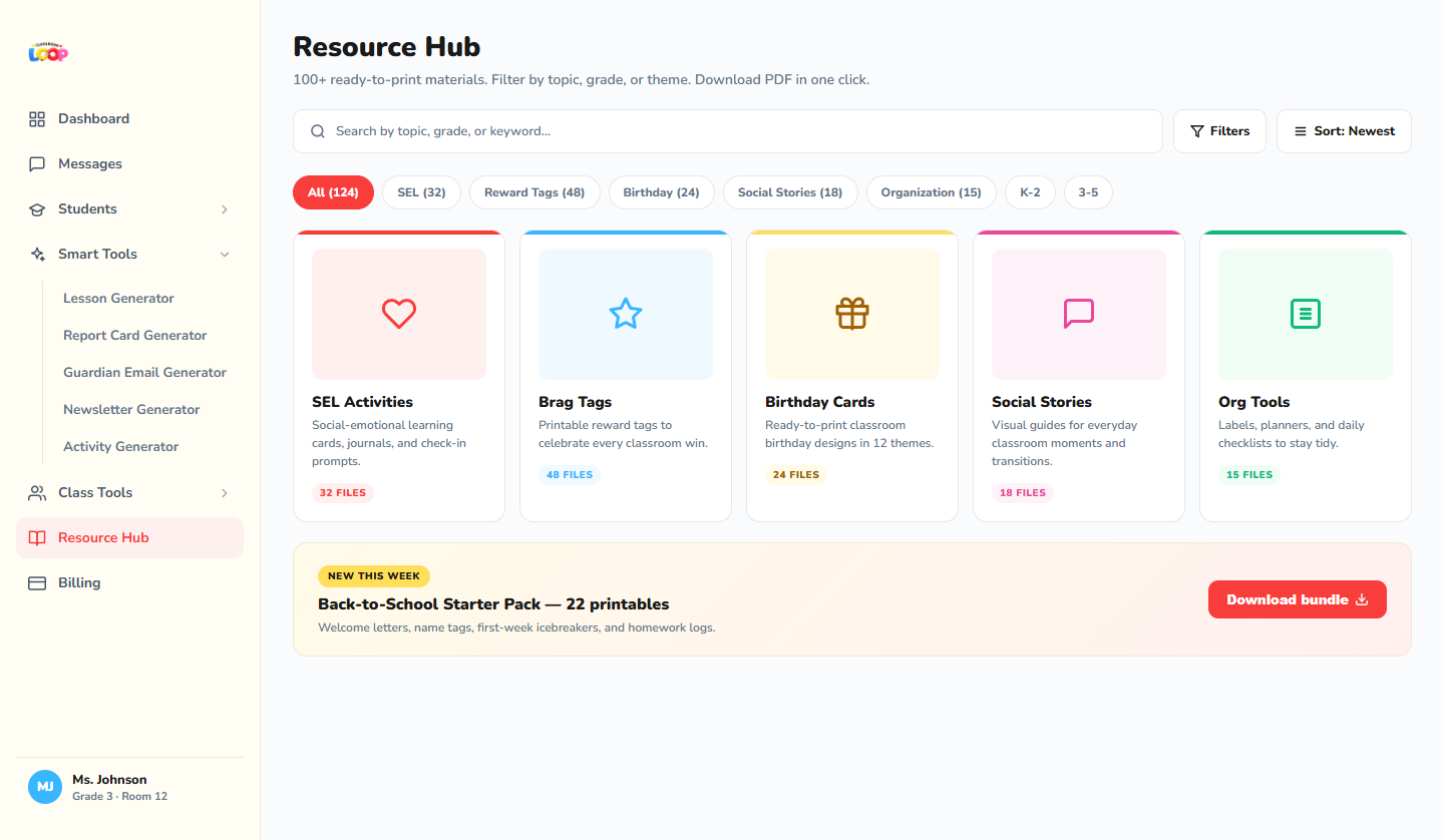 Resource Hub with 100+ ready-to-print materials organized by category