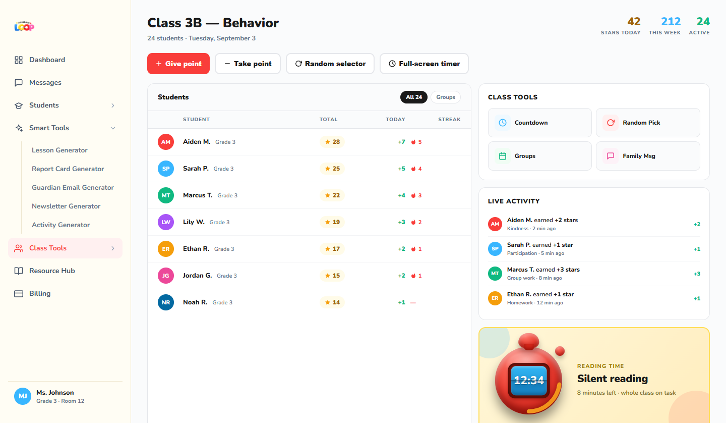 Class Hub with student roster, behavior points, live activity feed, and full-screen timer