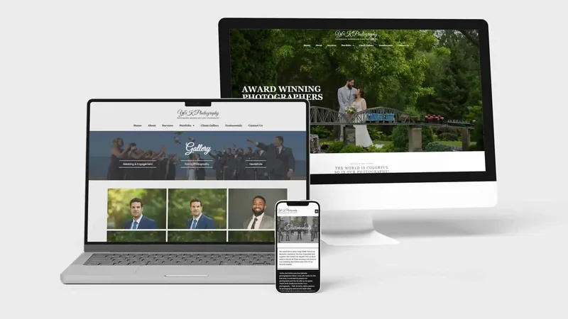 A photography studio's website on a desktop, laptop and phone