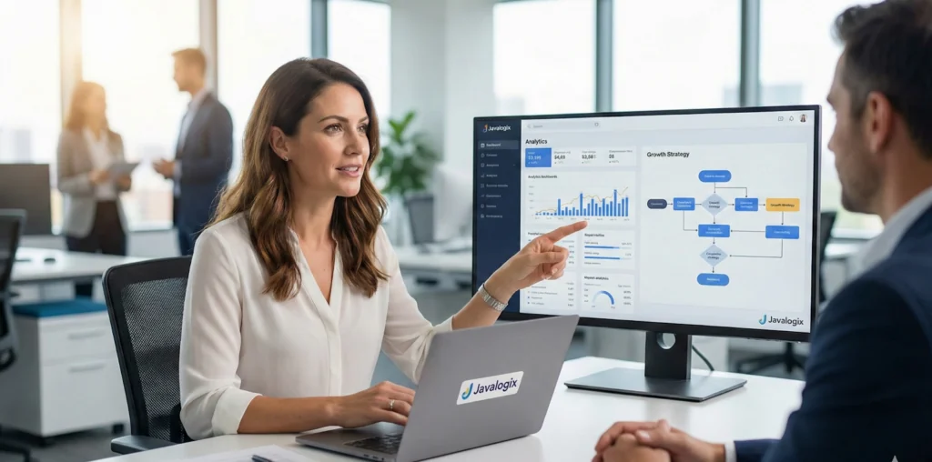 A woman points to a computer screen displaying growth strategy charts during a business meeting in an office, sparking a discussion on why do you need a digital marketing consultant as two people talk in the background.