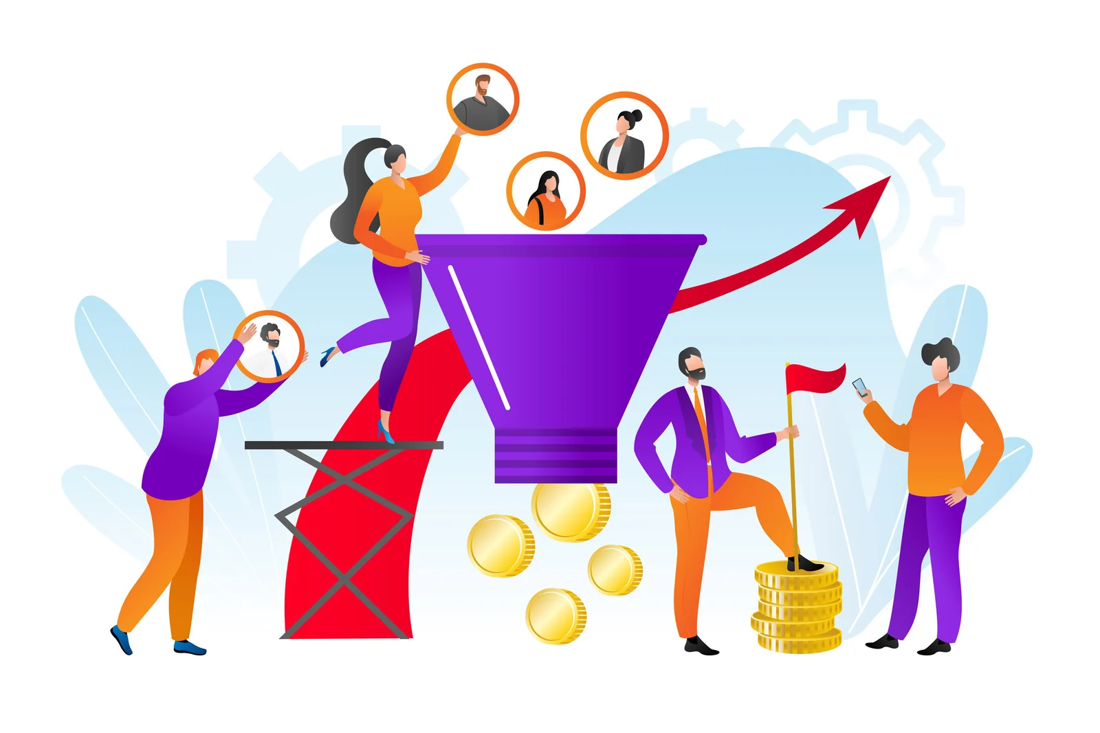 An illustration showcases people engaging with a large sales funnel, coins, and an upward arrow. Individuals hold devices and flags, while portraits above the funnel symbolize conversion or recruitment, subtly hinting at a guide to automated customer review funnels., credibility of website