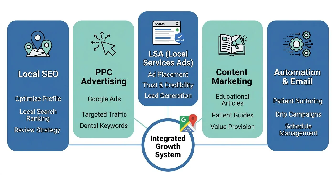 Infographic showing five connected marketing pillars for dental practices: Local SEO, PPC, LSA, Content Marketing, and Automation linked to a central Integrated Growth System hub.