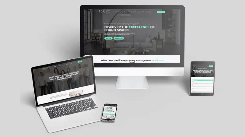 A property management company's website on a desktop, laptop, tablet and phone