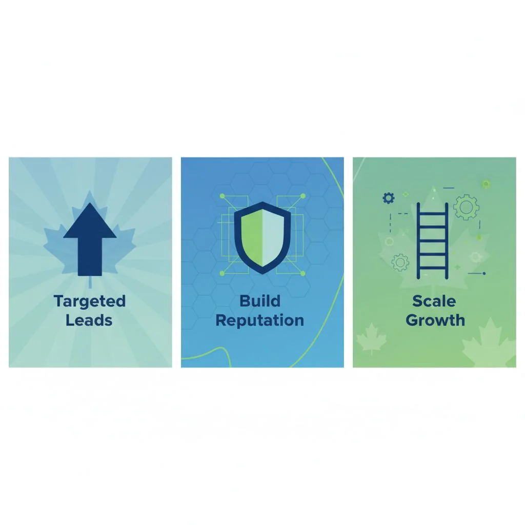 Infographic depicting key benefits of social media agency services including lead generation, reputation management, and business scalability with icons and subtle Canadian elements
