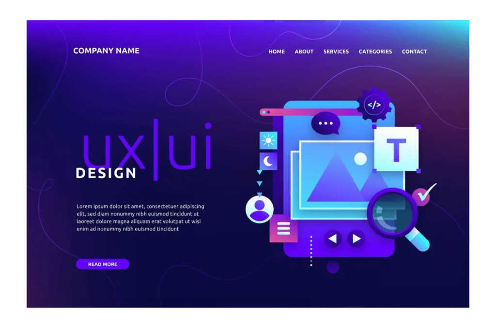 Graphic of a UI/UX design concept with a purple and blue color scheme. Includes icons of a website, magnifying glass, and settings gear. Text: "UX/UI Design" with dummy text and navigation menu exploring WordPress website pricing strategies.