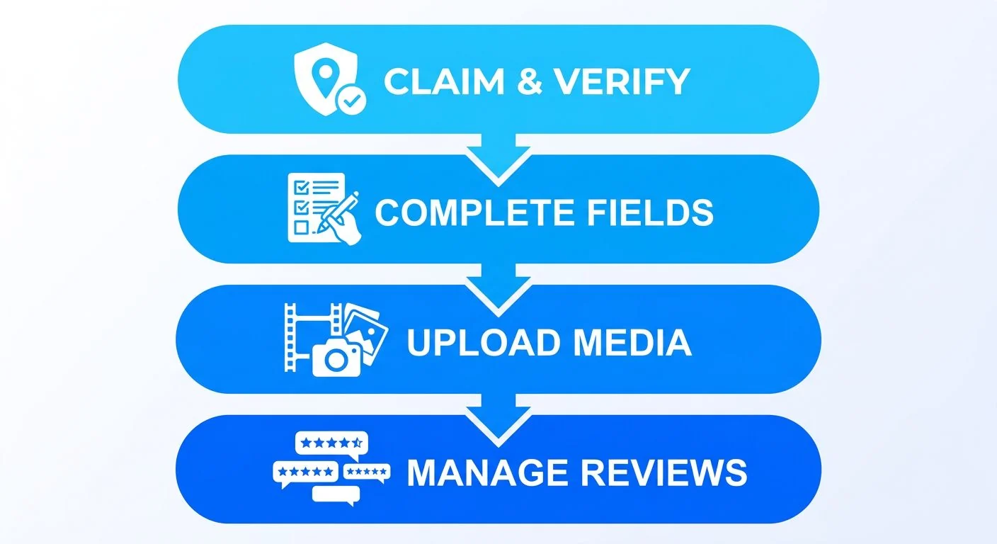 Vertical process flow diagram with four connected stages of Google Business Profile optimization: Claim and Verify, Complete Profile Fields, Upload Media Gallery, Manage Reviews and Q&A, each with icons and downward arrows.