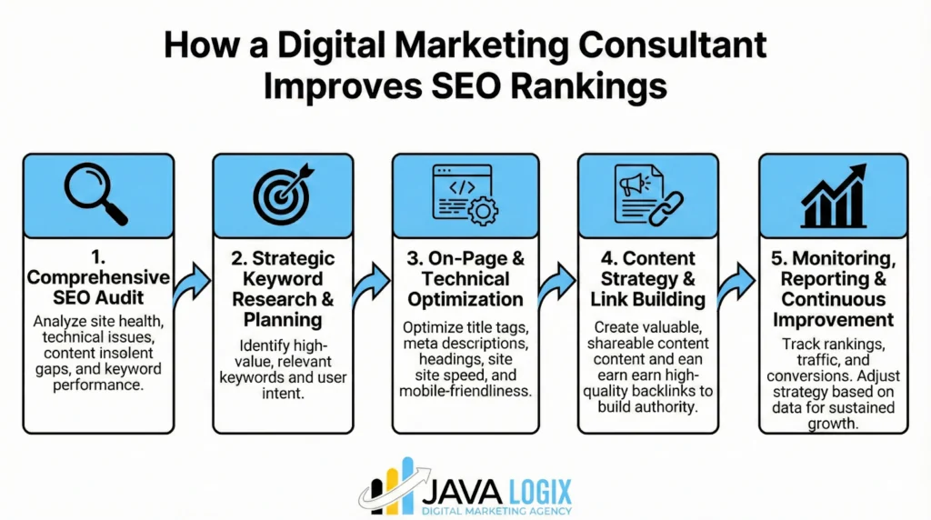Infographic showing five steps for SEO improvement—audit, keyword research, on-page optimization, content strategy, and ongoing monitoring—answering "Why Do You Need a Digital Marketing Consultant?" with brief descriptions under each step.