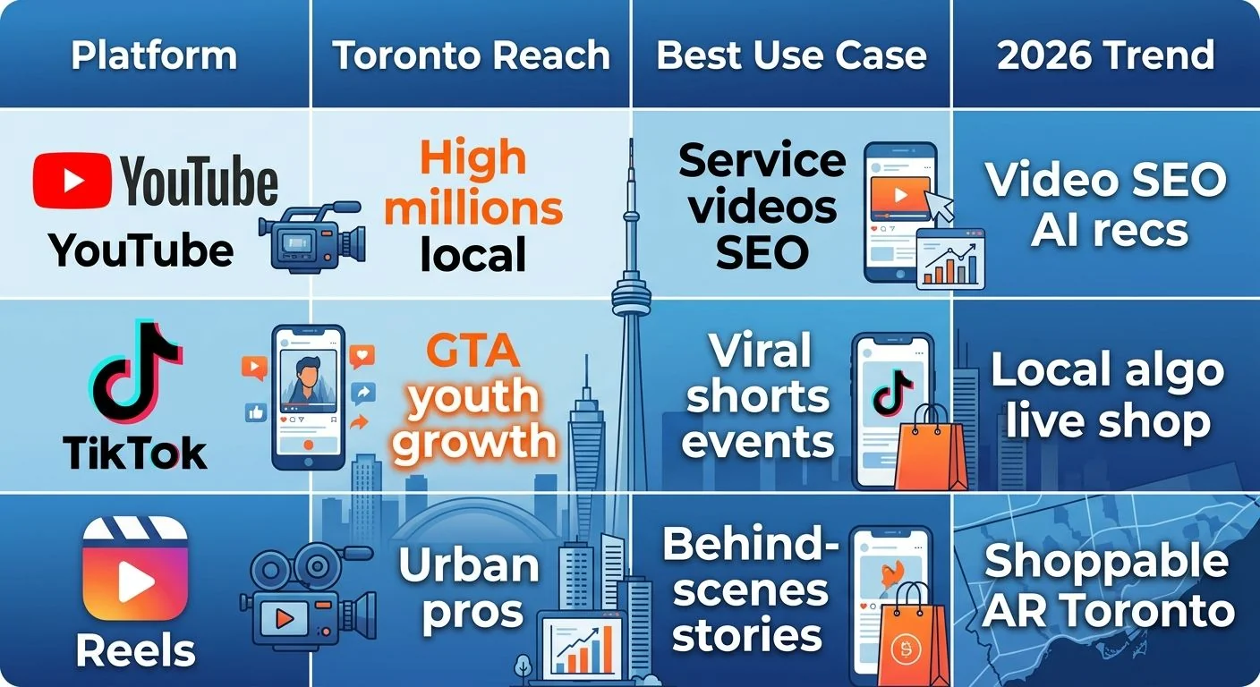 Infographic comparing YouTube, TikTok, Instagram Reels for Toronto video marketing