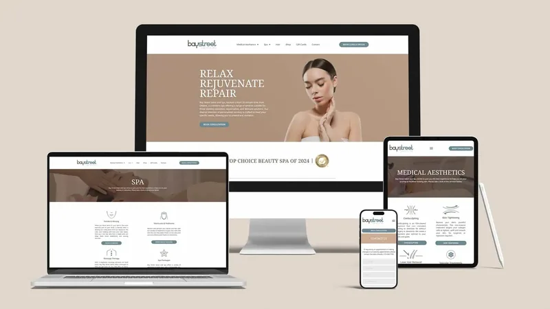 A salon and spa website on a desktop, laptop, tablet and phone