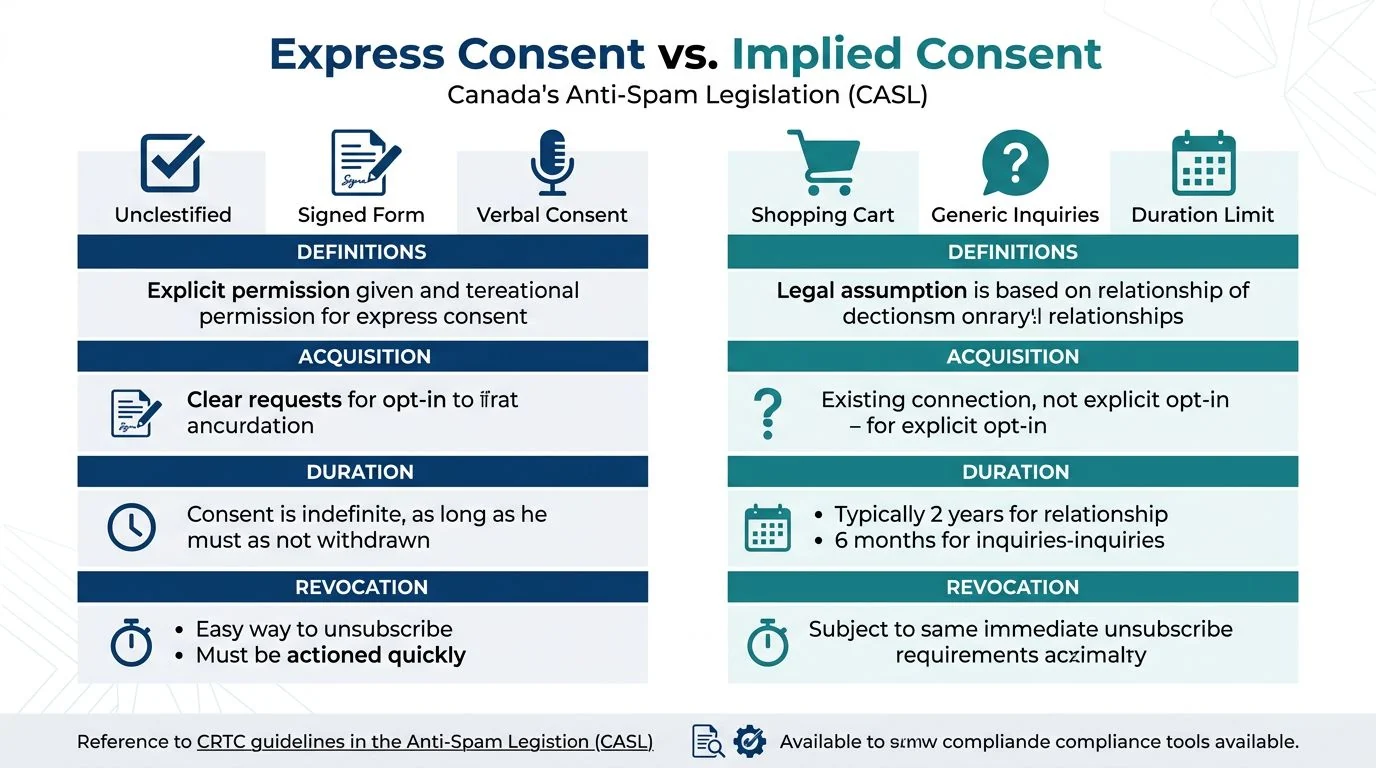 Infographic comparing express and implied consent under Canada's Anti-Spam Legislation with two columns and icons